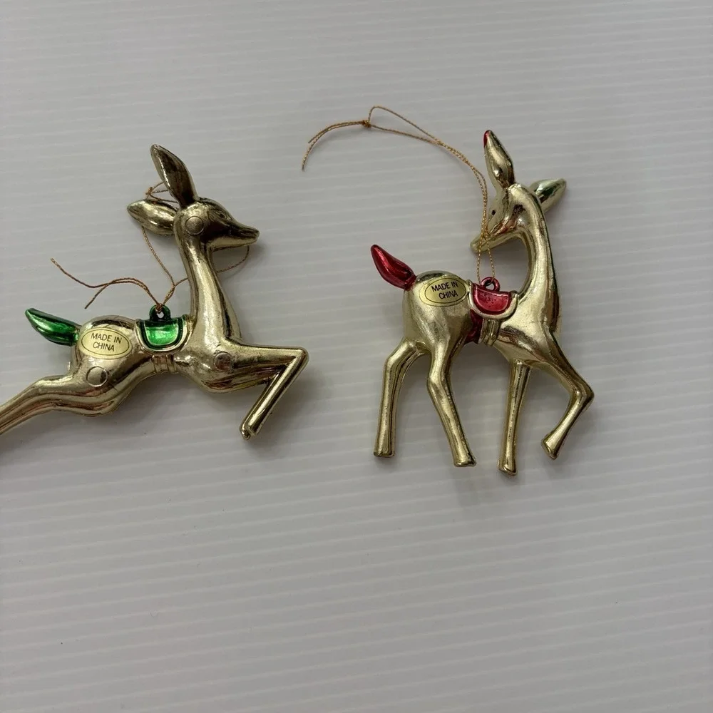 Lot Of 2 Vintage Gold Plastic Reindeer Christmas Ornaments Mid-Century Style